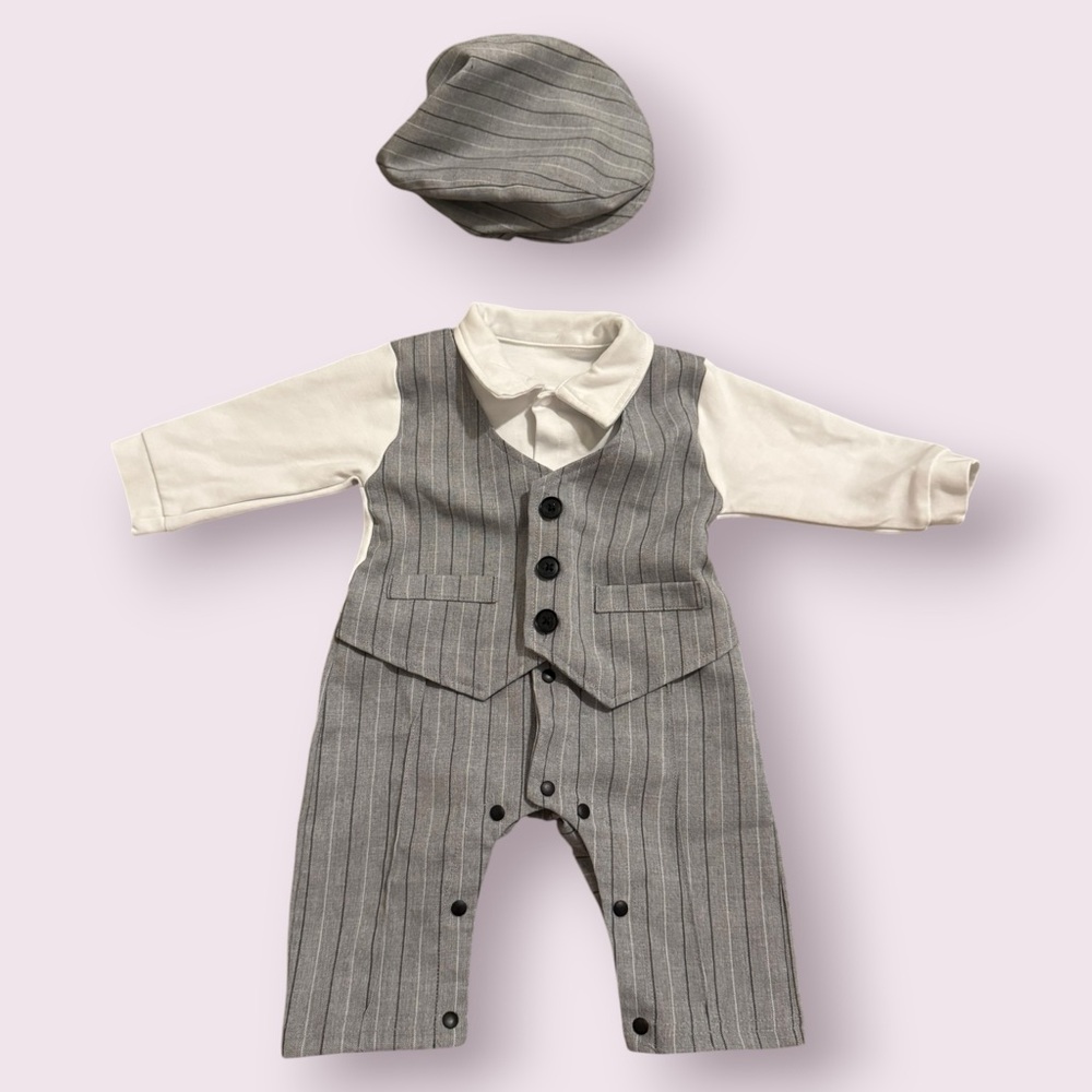 Baby Boy Pinstripe Romper Set Newsboy Hat Formal Outfit 3-6M